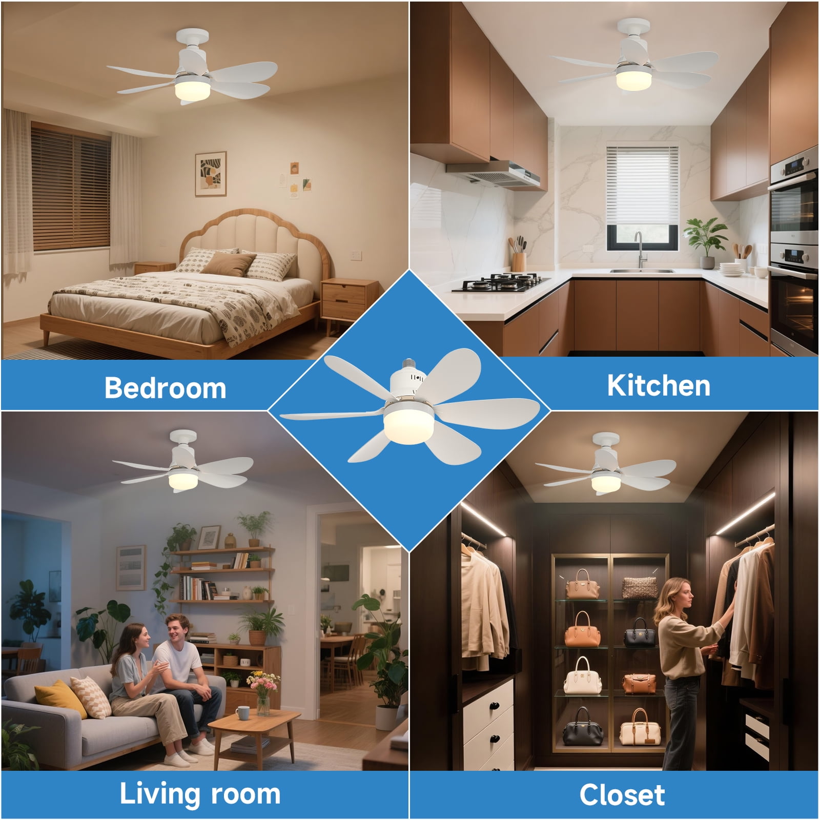 Socket Fan Light with Remote - 20'' Modern Small Ceiling Fans with Lights, 2200 Lumens Dimmable Led Bulb, 3 Colors 3000K-6500K, Easy Install Screw in E26 Base for Bedroom Living Room Kitchen Garage