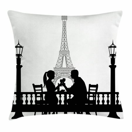Romantic Throw Pillow Cushion Cover, Couple Having a Romantic Dinner in front of the Eiffel Tower Capital of Love, Decorative Square Accent Pillow Case, 18 X 18 Inches, Black White, by