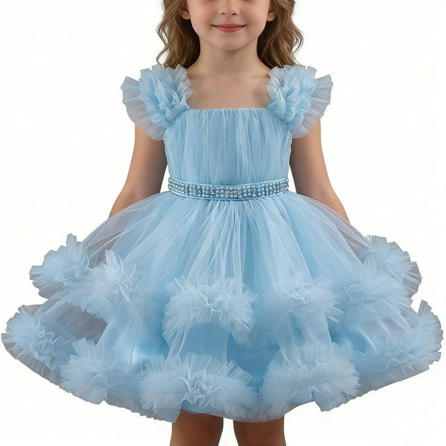 MIASHUI Robe Tutu Élégante pour Fille, Robe de Soirée Formelle pour Récital d'Anniversaire et Bleu Ciel, 18-24 Mois