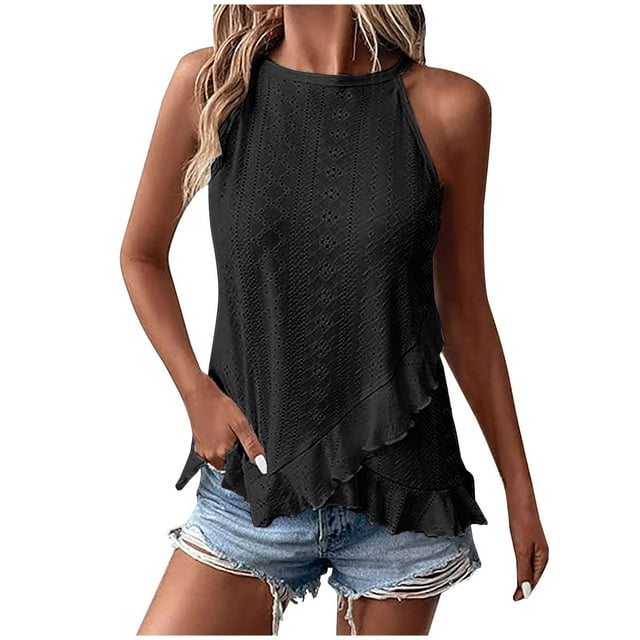 RKSTN Womens Tank Tops Eyelet Embroidery Solid Color Shirts Summer Sleeveless Round Neck Cute Spring Going Out Tops Trendy