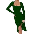 thumbnail image 2 of Women'S Ruched Bodycon Midi Dresses Elegant Mesh Long Sleeve Square Neck Ruffle Hem Cocktail Party Dress Dark Green S, 2 of 8