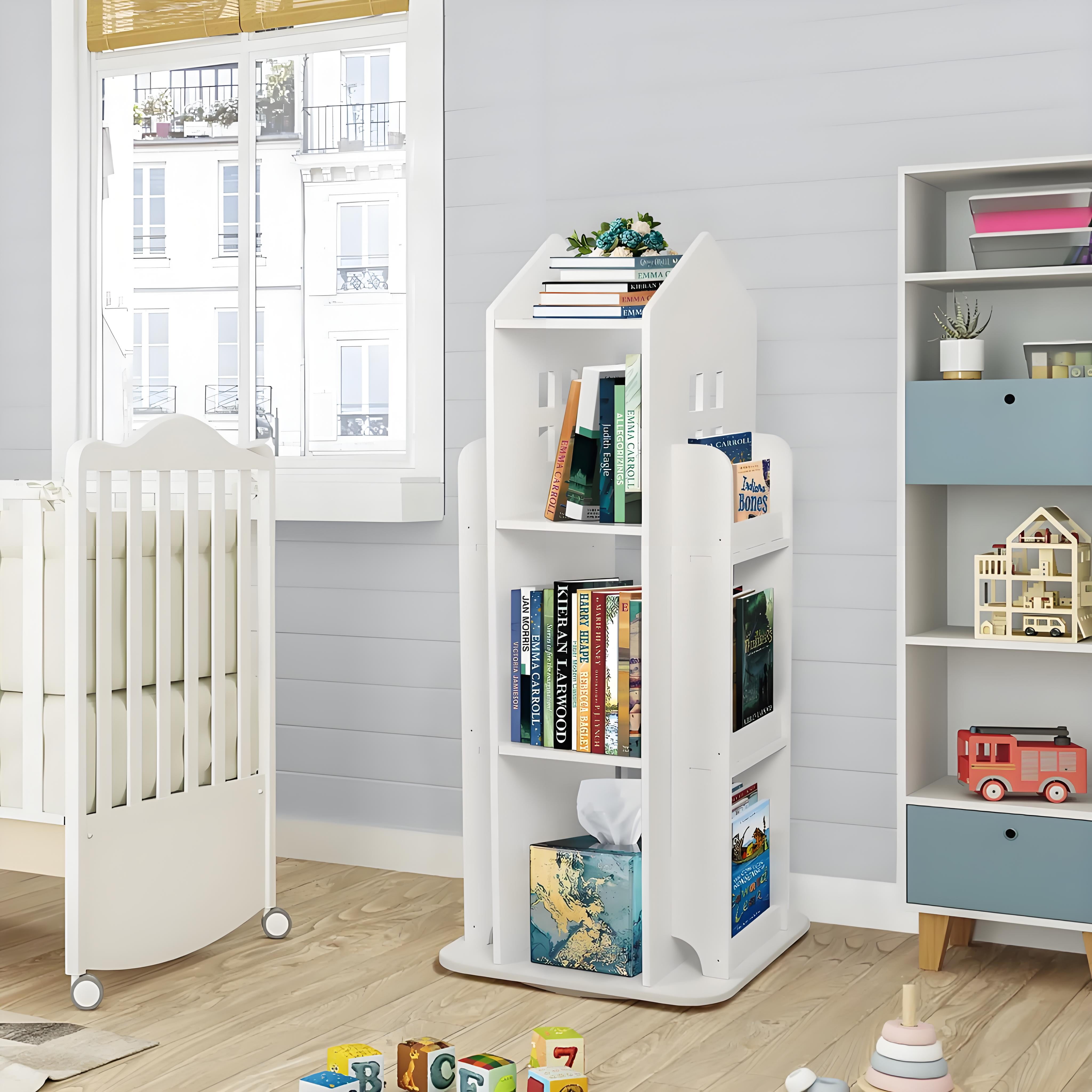 Gtouse 3 Tier Rotating Bookshelf, 360° Display Corner Bookshelf, Wooden Floor Standing Bookcase