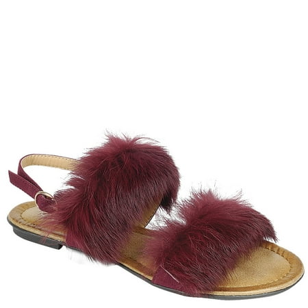 

Women Pom Pom Wide Strap Fur Cute Stylish T-Strap Sandals Flats Shoes Burgundy