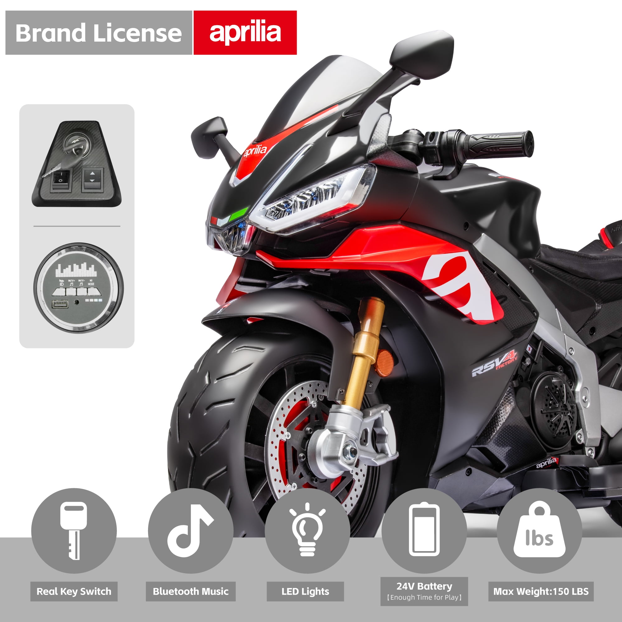 TCARAIWEN 24V Kids Motorcycle Electric Motorbike Aprilia Licensed Ride on Toy,Battery Powered for Kids 3-11 Years Old,Black