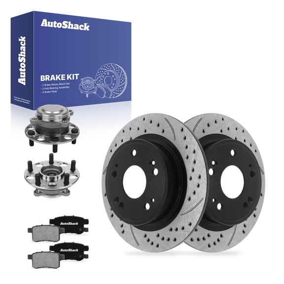 AutoShack Rear Solid Drilled & Slotted E-Coated Brake Rotors   Ceramic Pads   Hub Bearing Assembly 8-PC Brake Kit Replacement for 2014-2017 Honda Accord ShadowGuard 11.1" (282 mm)