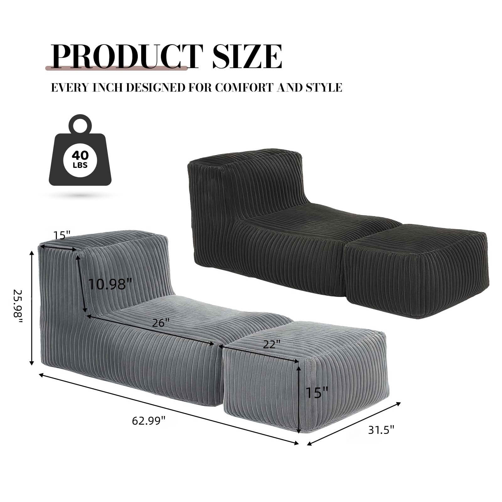 MAYEERTY 2-in-1 Convertible Single Floor Sofa Bed, Ergonomic Corduroy Modular Lounger for Small Spaces，Dark Gray