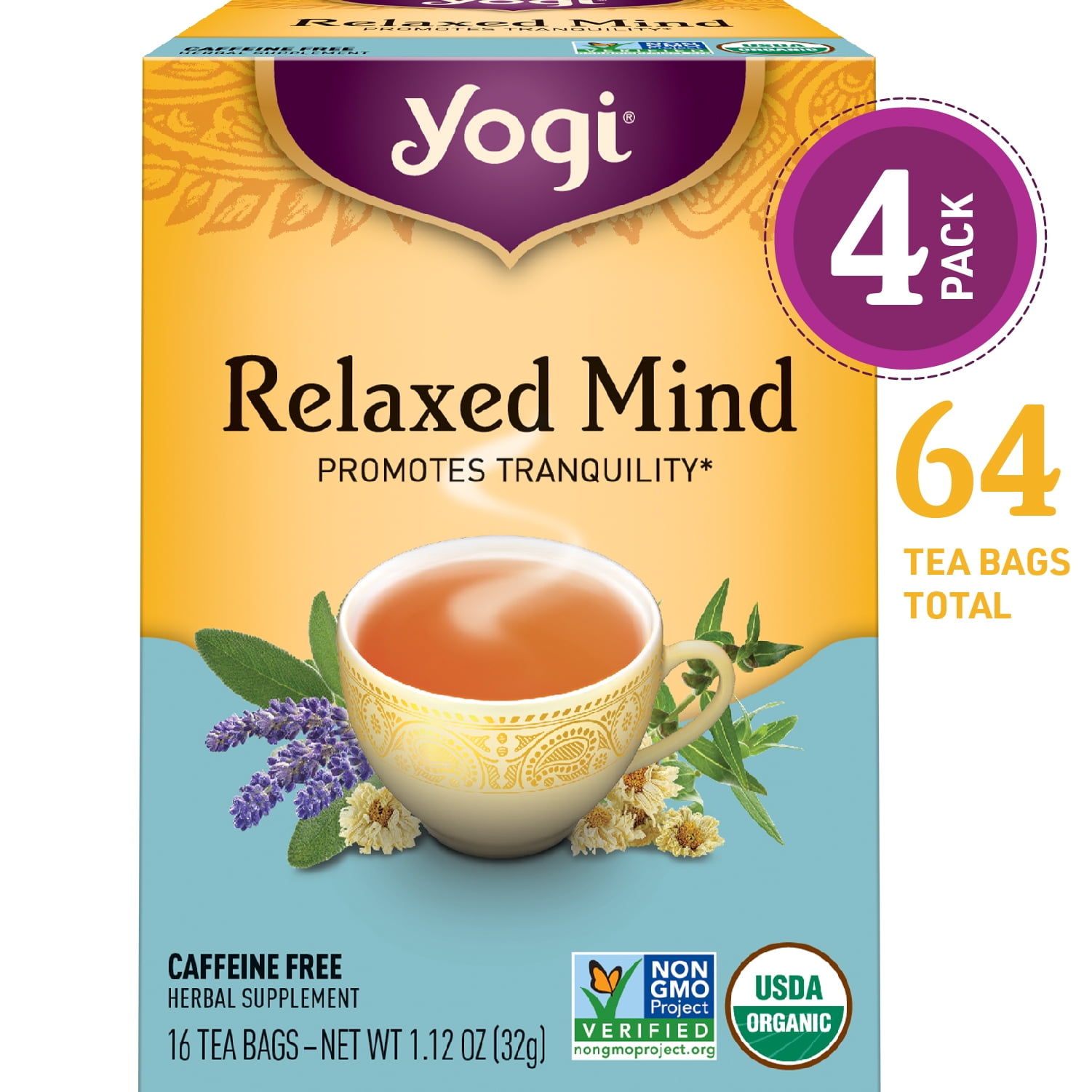 (Pack of 4) Yogi Tea, Relaxed Mind Tea, Tea Bags, 16 Ct, 1.12 OZ