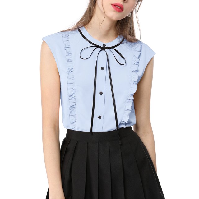 INSPIRE CHIC Women's Tie Neck Cap Sleeve Button Down Ruffle Summer Shirt