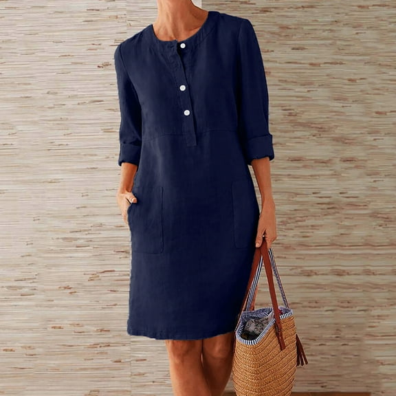 IDALL Summer Dresses,Boho Dresses Women's Casual Round Neck With Buttons Boho Dress Knee-Length Dress Loose Women's Dress Petite Dresses,Linen Dress,Modest Dresses Blue Dress L