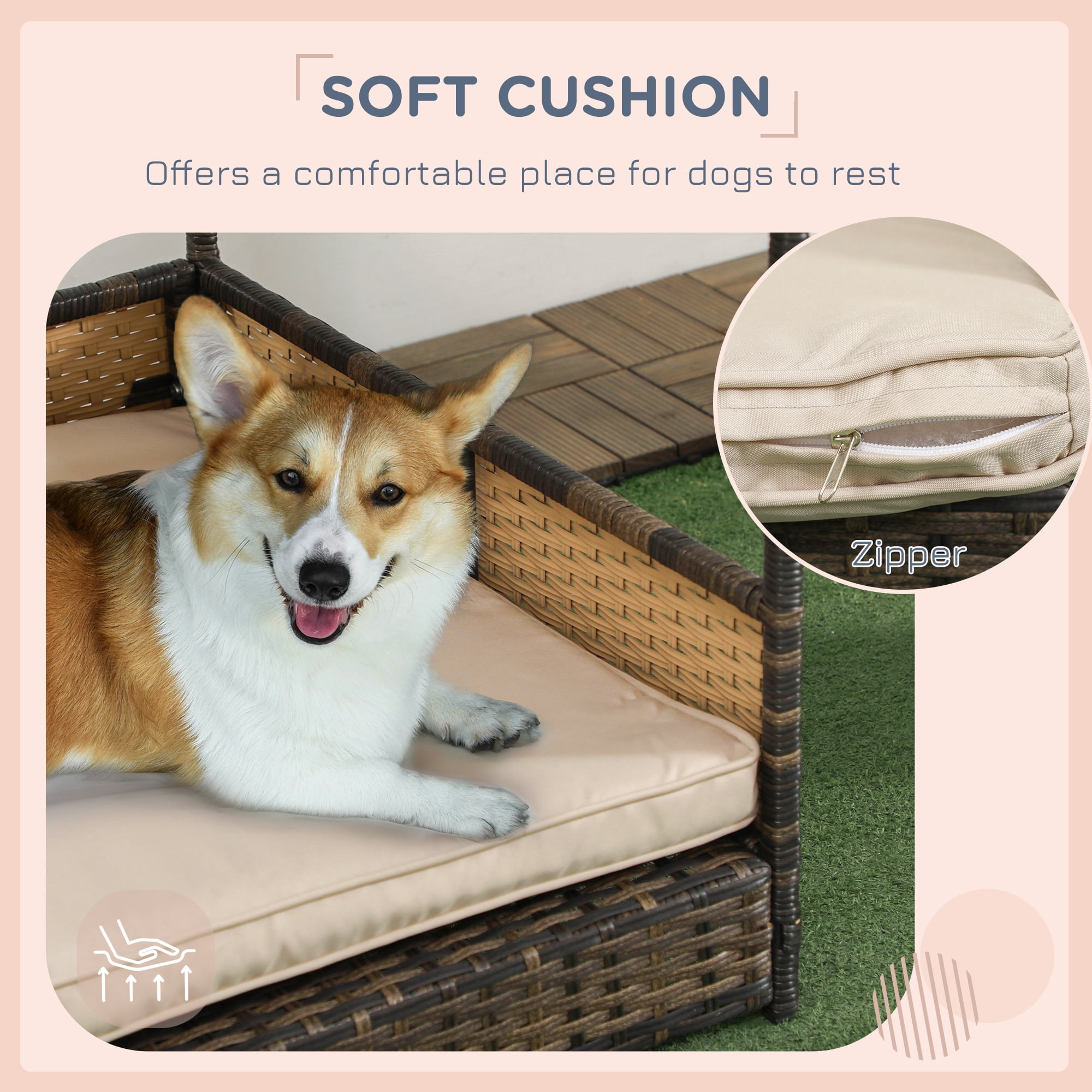 PawHut Wicker Dog House Elevated Raised Rattan Bed for Indoor/Outdoor with Removable Cushion Lounge, Khaki