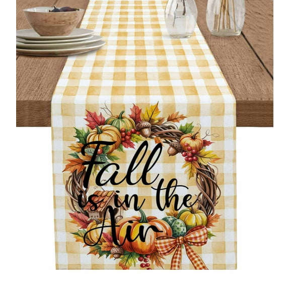 Pumpkin Autumn Burlap Cotton Table Runner 18x72 Inches Long, Fall Maple Leaf Botanical Orange Check Farmhouse Table Runners, Outdoor Dining Tablecloths Decor for Baby Shower/Party/Wedding