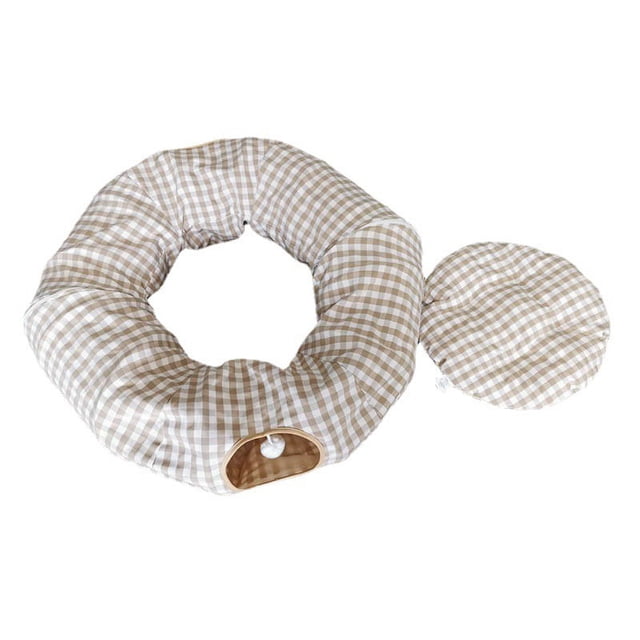 Cama a cuadros beige para gatitos, cálida y moderna, acogedora cama tipo túnel para gatos para otoño e invierno