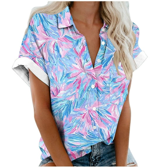 WCMZJ Short Sleeve Shirts for Women V Neck Loose Collared Button Down Shirt Casual Summer Tops with Pockets Beach Blouse Multicolor L