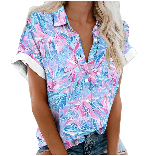 Pantalones Cortos para las Mujeres Impresión Sexy Cómodo Bolsillo de Manga Corta, Botón Top Blusa Camiseta