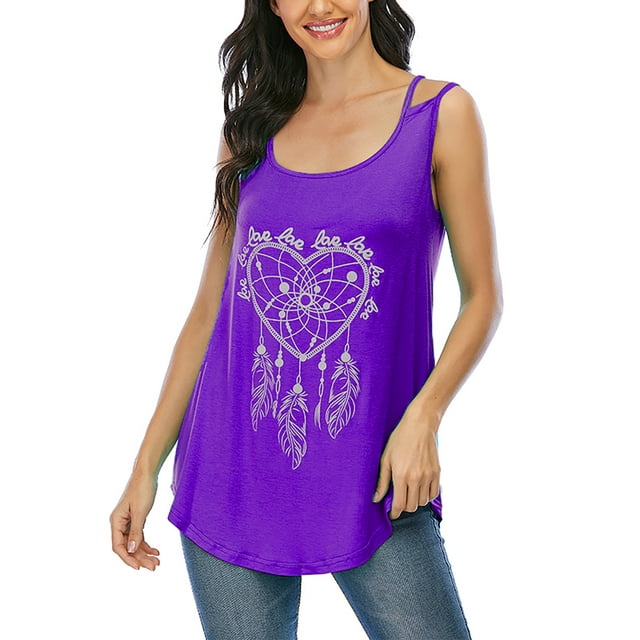 LUXUR Débardeurs pour Femmes Sans Manches Haut d'Été Col Rond Pull Décontracté Camisole Imprimé Cœur Cami Violet TG