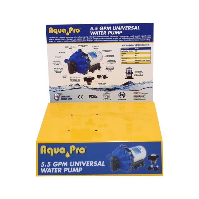 Aqua Pro Point Of Purchase Display 55GPUMPDSP Yellow Painted Countertop 5.5 GPM Pump Display Stand; Shelf; 10 Inch Length x 9 Inch Width; With Vinyl Graphic Sticker And Printed Styrene Header Card