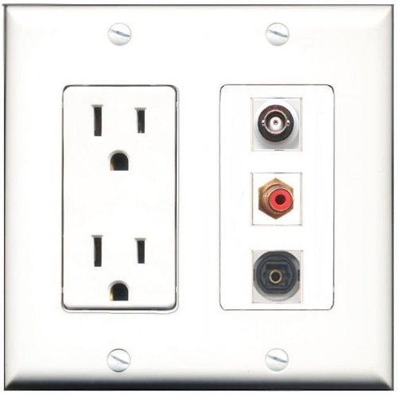 RiteAV - 15 Amp Power Outlet 1 Port RCA Red 1 Port Toslink 1 Port BNC Decorative Wall Plate