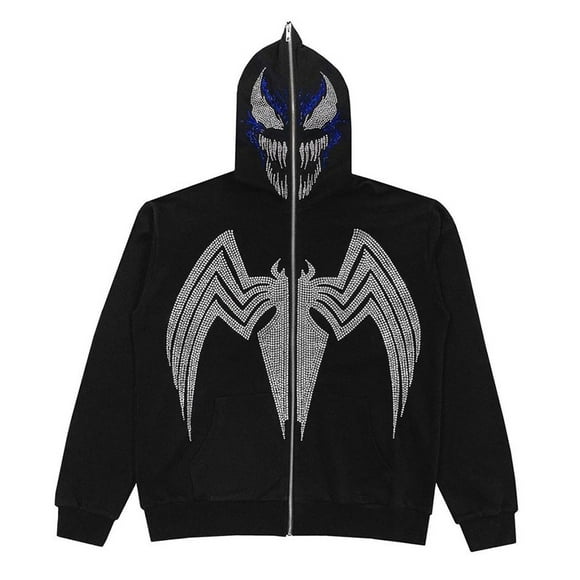 2022 Rhinestone Bully Spider Print Men's Full Zip Hooded Sweatshirt Y2K Hip Hop Street Style Zip Hooded Jacket Sweatshirt