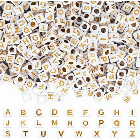 1400Pcs Cube Letter Beads 6mm Alphabet Beads Square Mini Gold Font White Acrylic A-Z Letters Spacer Craft Bead