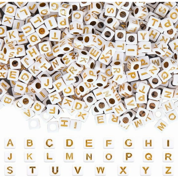 1400Pcs Cube Letter Beads 6mm Alphabet Beads Square Mini Gold Font White Acrylic A-Z Letters Spacer Craft Bead