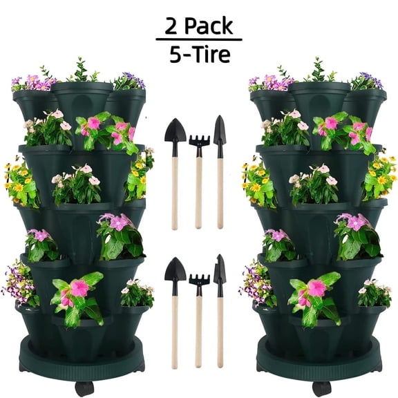 Gamexcel 2 Set 5-Tier Stackable Vertical Garden Planters, Green Plastic Herb and Strawberry Planters with Wheels