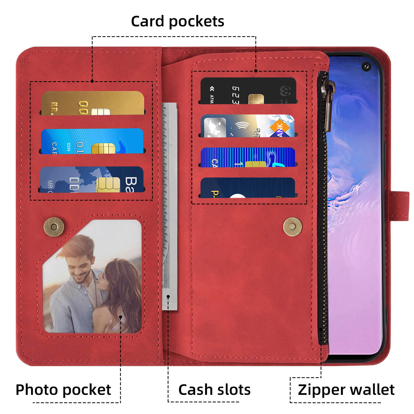 Asuwish Phone Case for Samsung Galaxy S10 Wallet Cover With Tempered Glass Screen Protector Crossbody Wrist Strap Flip Pattern Zipper Credit Card Holder Stand Cell S 10 Edge 10S GS10 X10 Women Red