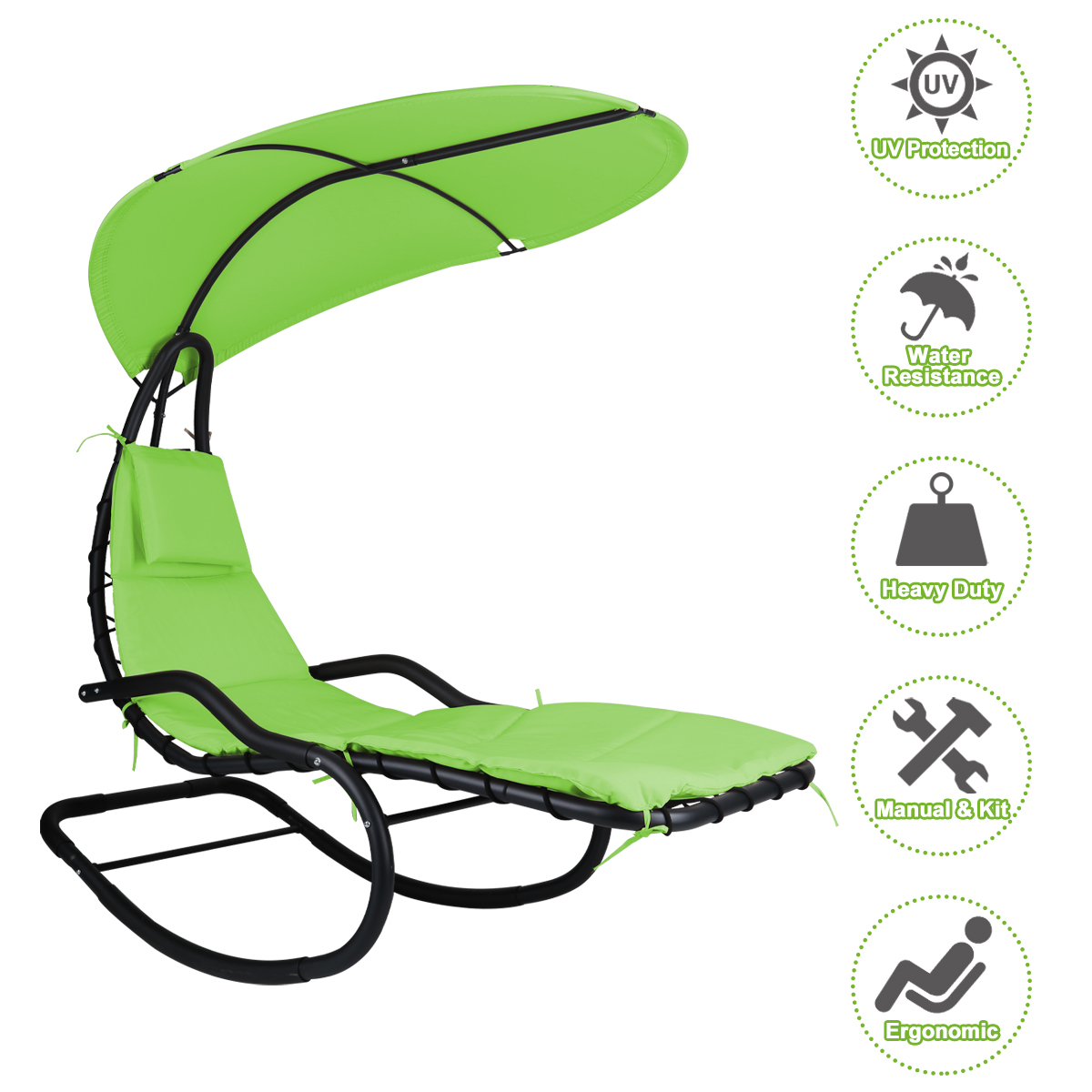 Rocking Hanging Lounge Chair - Curved Chaise Rocking Lounge Chair Swing For Backyard Patio w/ Built-in Pillow Removable Canopy with stand {Green} - image 5 of 8