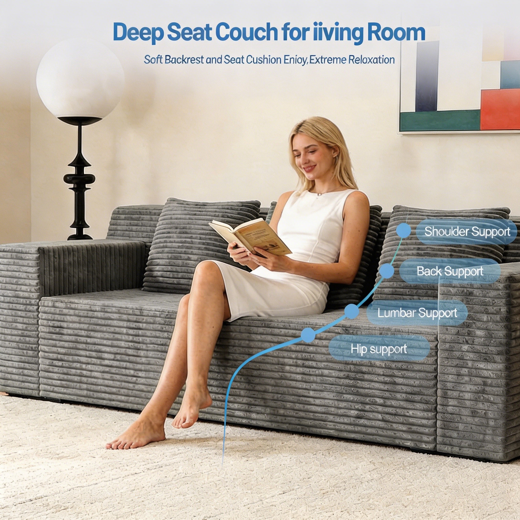 Modern 71" Corduroy Sofa, No Assembly Deep Seat Couch in a Box for Living Room, Grey