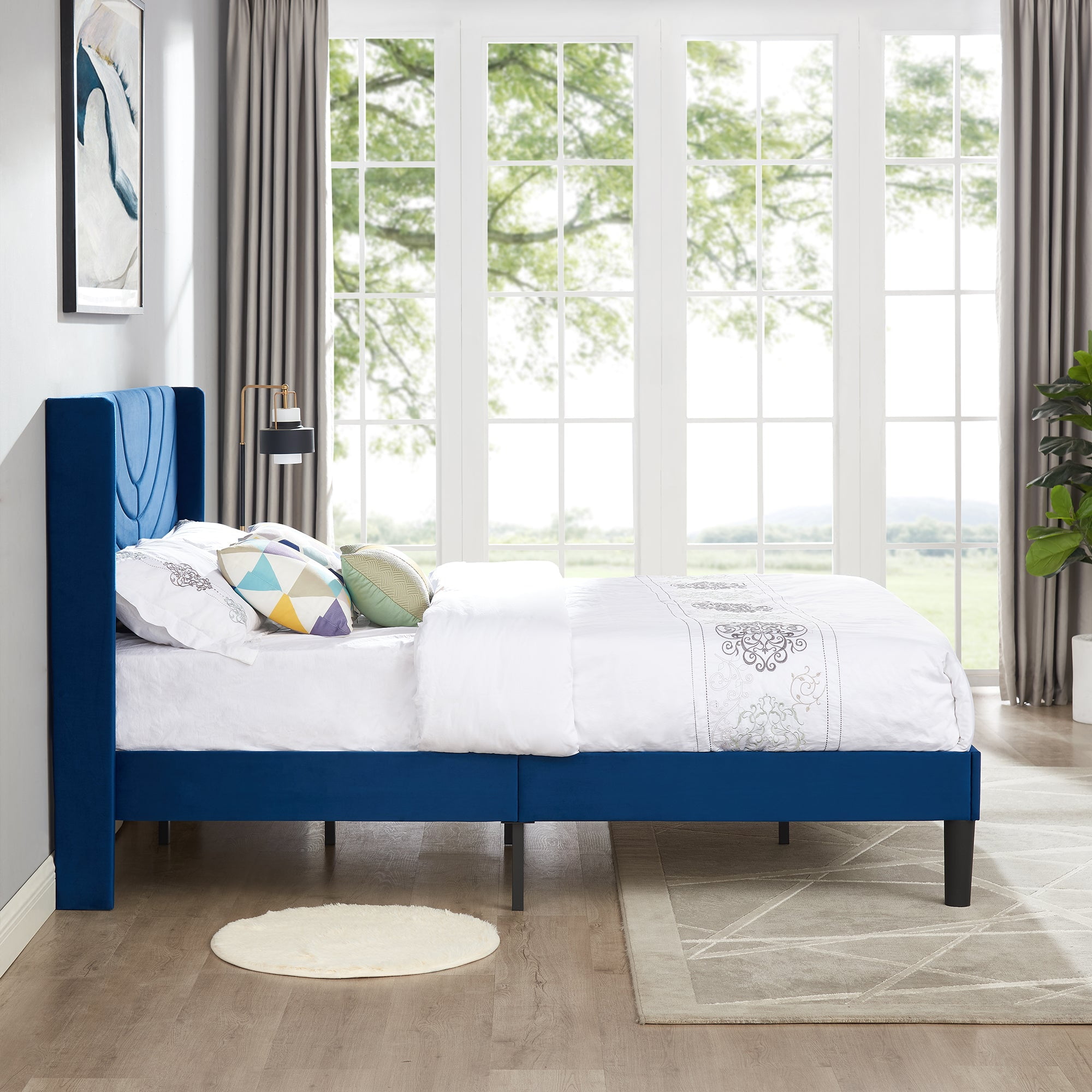 Javlergo Queen Bed Frame, Upholstered Platform Bed Frame with Headboard and Strong Wooden Slats, Non-Slip and Noise-Free,No Box Spring Needed, Easy Assembly, Queen Size Bed Frame, Dark Blue