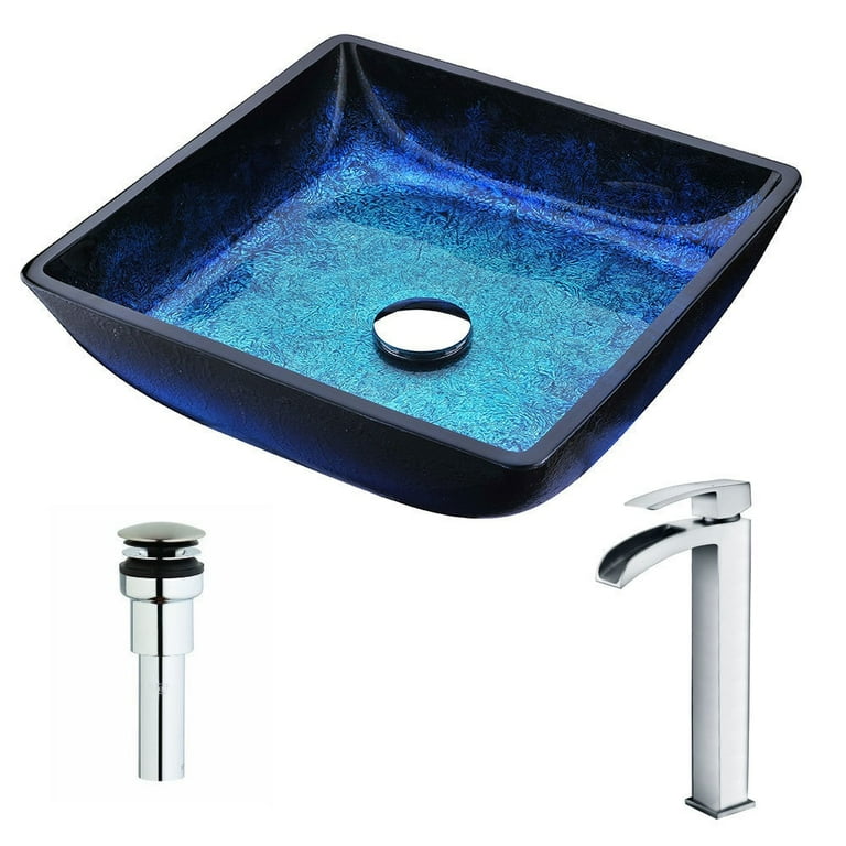 Key Series Deco-Glass Vessel Sink in Lustrous Blue and Black with Enti Faucet in Chrome Key Series Deco-Glass Vessel Sink in Lustrous Blue and Black with Enti Faucet in Chrome
