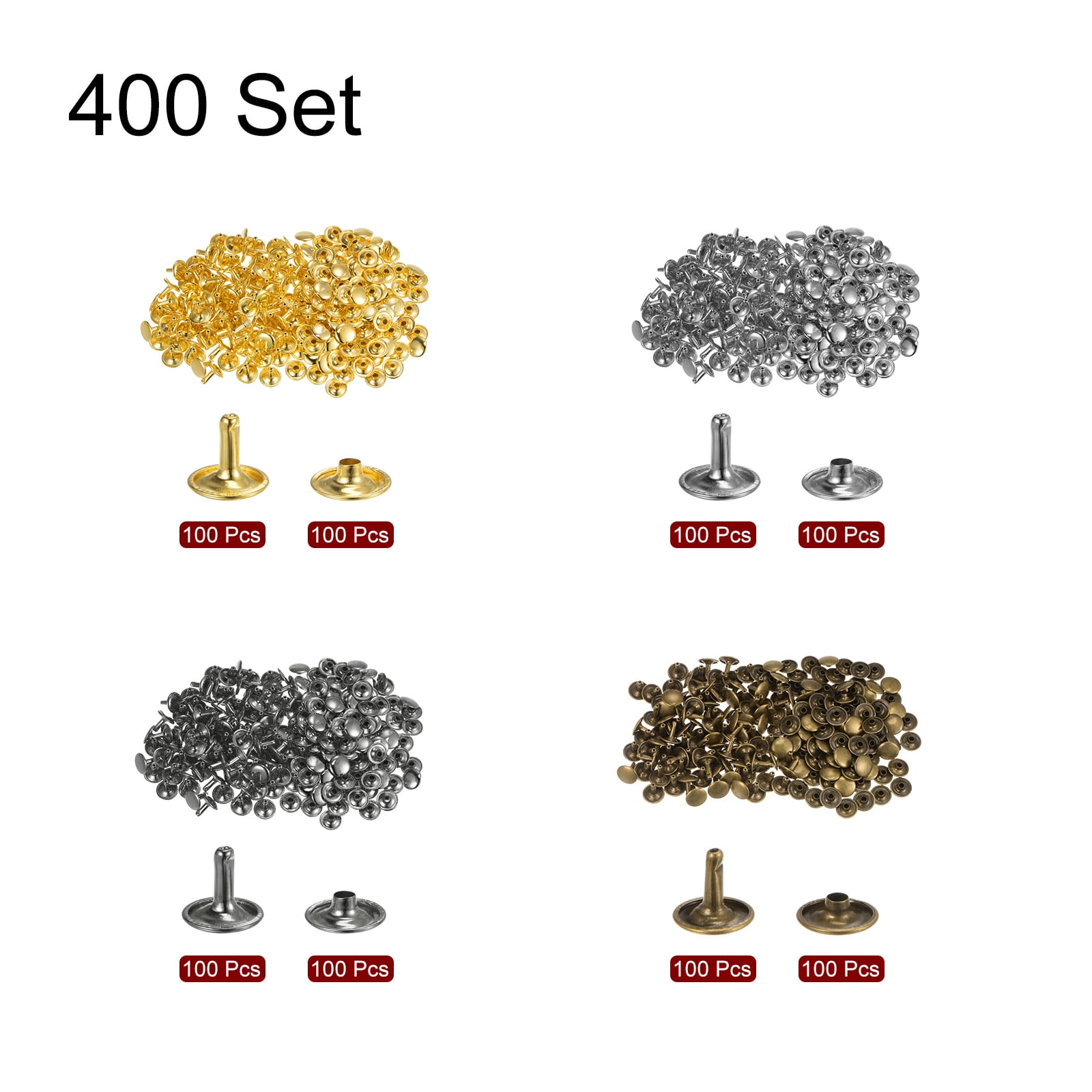 400 Sets Leather Rivets 12 x 12mm Metal with 3 Setter Tools, 4 Colors