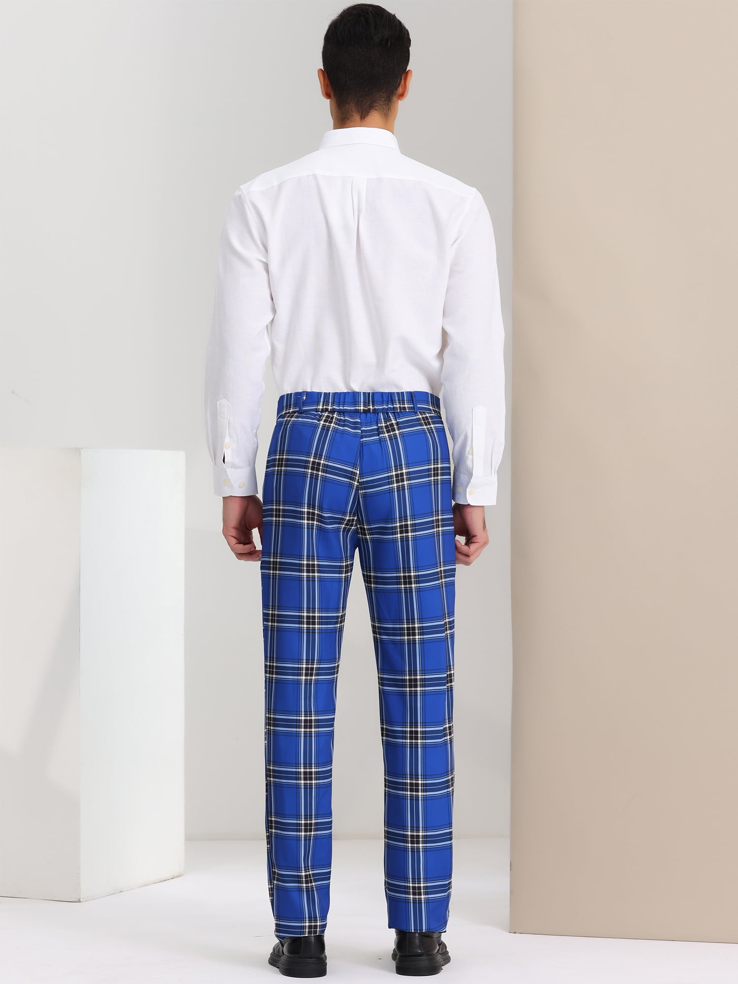 Unique Bargains Men's Dress Pants Casual Flat Front Stretch Business Plaid Pants 28 Navy Blue
