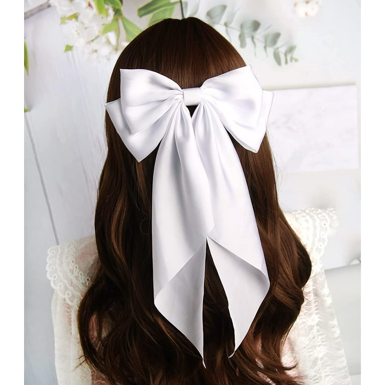 Large White Bows for Girls Hair Big Bow Clip Scarf French Barrette with  Long Silky Satin Ribbon Solid Color Bowknot Hairpin Hair Slides Women  Scrunchies Accessories 2pcs 