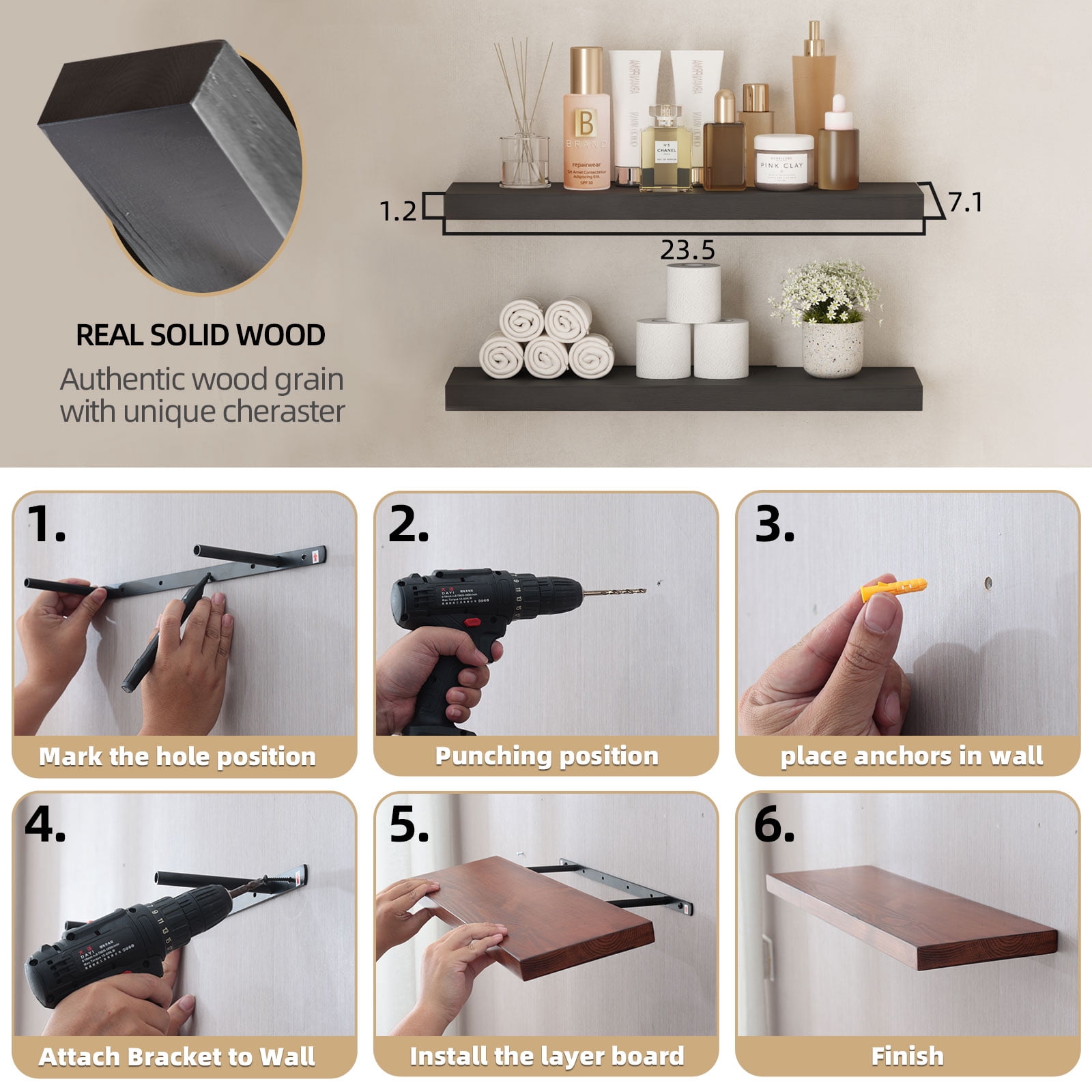 23.5 in Solid Wood Floating Shelves Wall Mounted Shelves, Black Color, Set of 2