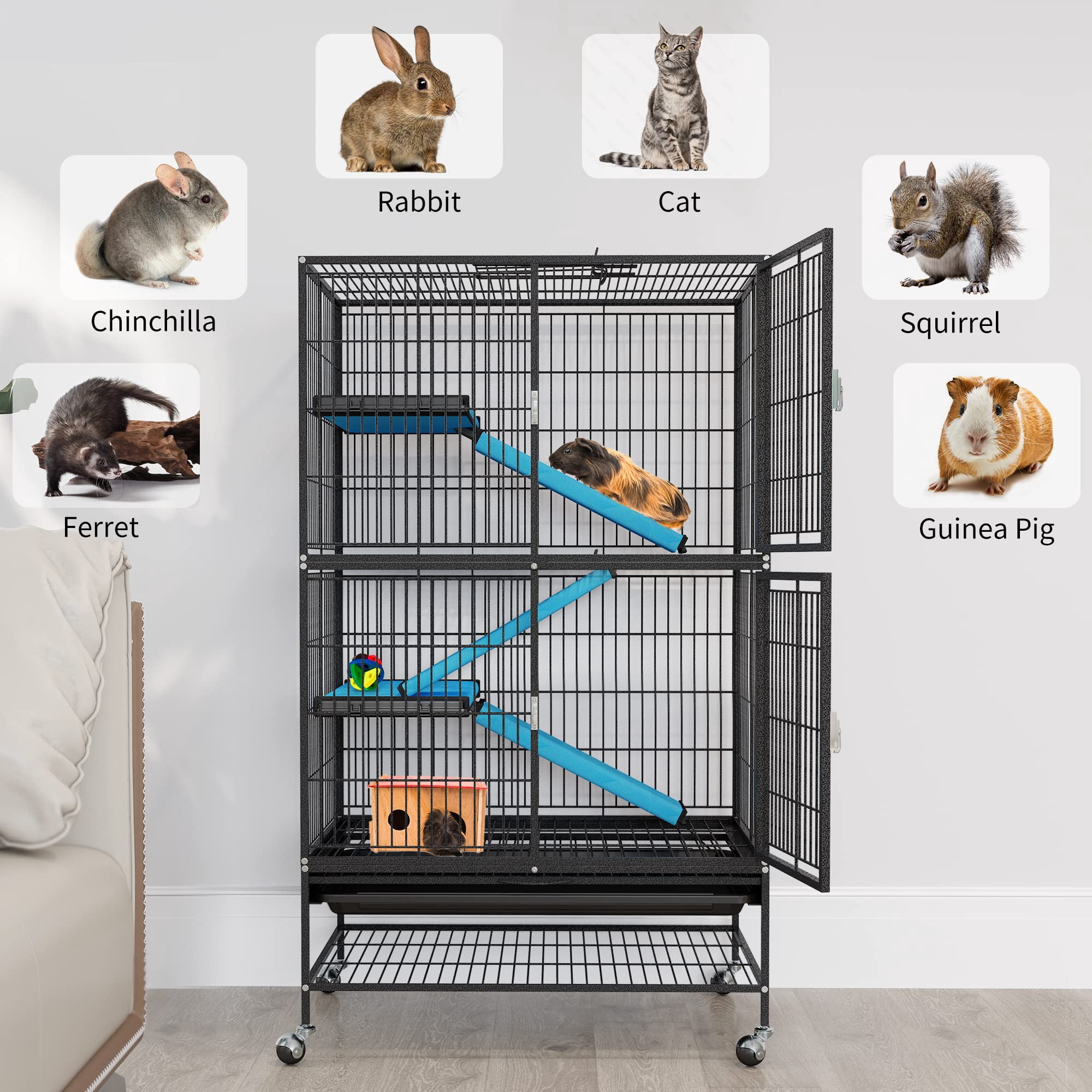 4-Tier Metal Small Animal Cage for Ferrets Chinchillas Guinea Pigs Rats Large Hamsters Indoor Double-Story Critter Nation Habitat with Wheels, Black