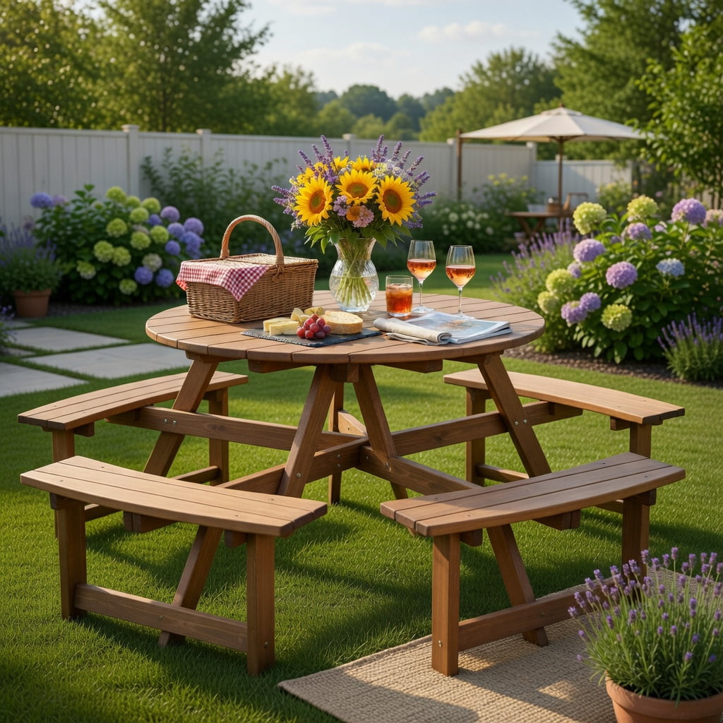 Hommoo 6-Person Round Wooden Picnic Table with Umbrella Hole, Outdoor Patio Table with 3 Built-in Benches, Rustic Solid Wood Design for Backyard, Garden & Deck, Dark Brown