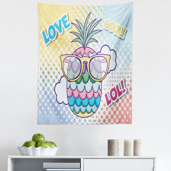 LOL Tapestry, Colorful Dotted Composition with Pineapple Wearing Sunglasses Love Cool and Lol Texts, Fabric Wall Hanging Decor for Bedroom Living Room Dorm, 5 Sizes, Multicolor, by Ambesonne