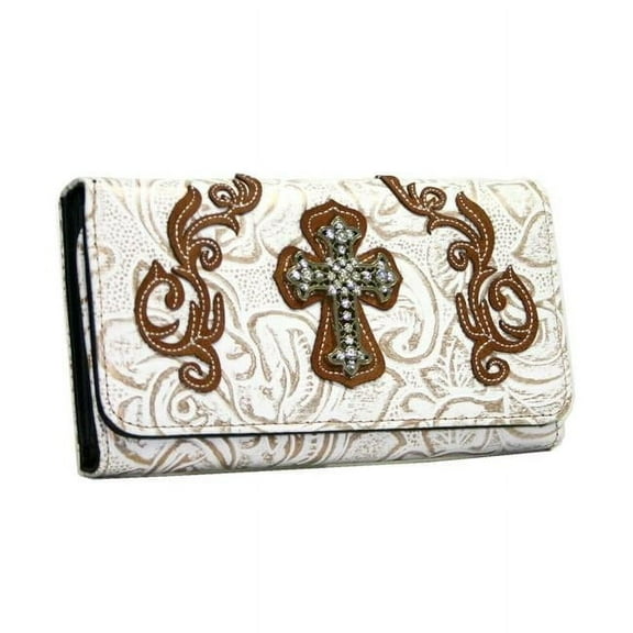 WC99-WT-BRN Western Rhinestone Bling Cross Trifold Wallet - White & Brown Trim
