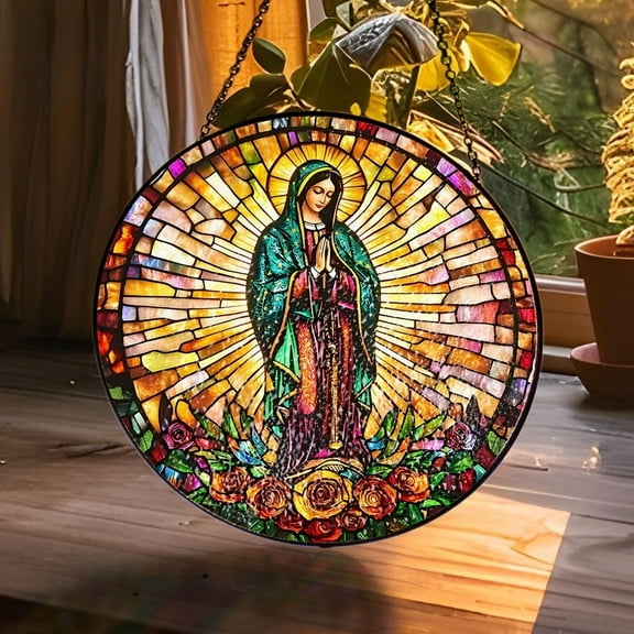 Our Lady of Guadalupe Faux Stained Glass Suncatcher, Virgin Mary Art with Roses, Religious Home Decor, Mother of God, Catholic Suncatcher