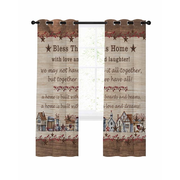 Farmhouse Blackout Curtains, Light Blocking Print Window Curtains, Brown Country Star Berry Vintage Wood Grain Thermal Insulated Window Drapes for Living Room Kitchen Cafe 2 Panels, 84"W x 63"L