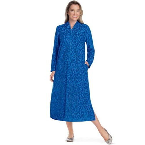 Jacquard Velour Textured Zip Front Plush RobeMissesLargeSapphire