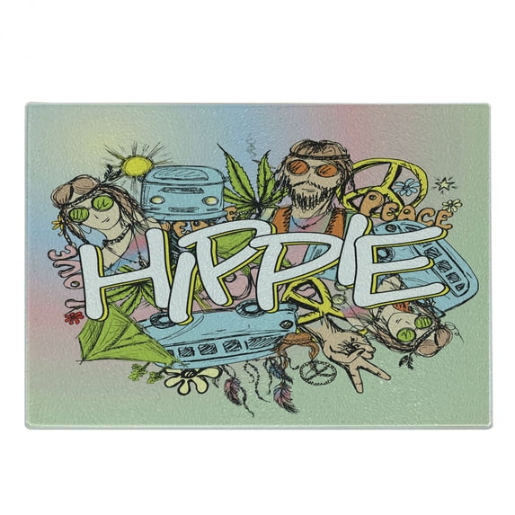Modern Cutting Board, Hippie Life with Man and Woman Peace Pacifism Liberal Sketch Illustration, Decorative Tempered Glass Cutting and Serving Board, Small Size, Multicolor, by Ambesonne