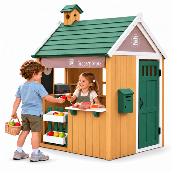 Conchico 2-IN-1 Kids Outdoor Playhouse, Wooden Playhouse Cottage with Grocery Store and BBQ Grill Station, Toddler Outdoor Playset w/ Toy BBQ Grill, Toy Cash Register & Pretend Food Set, Green