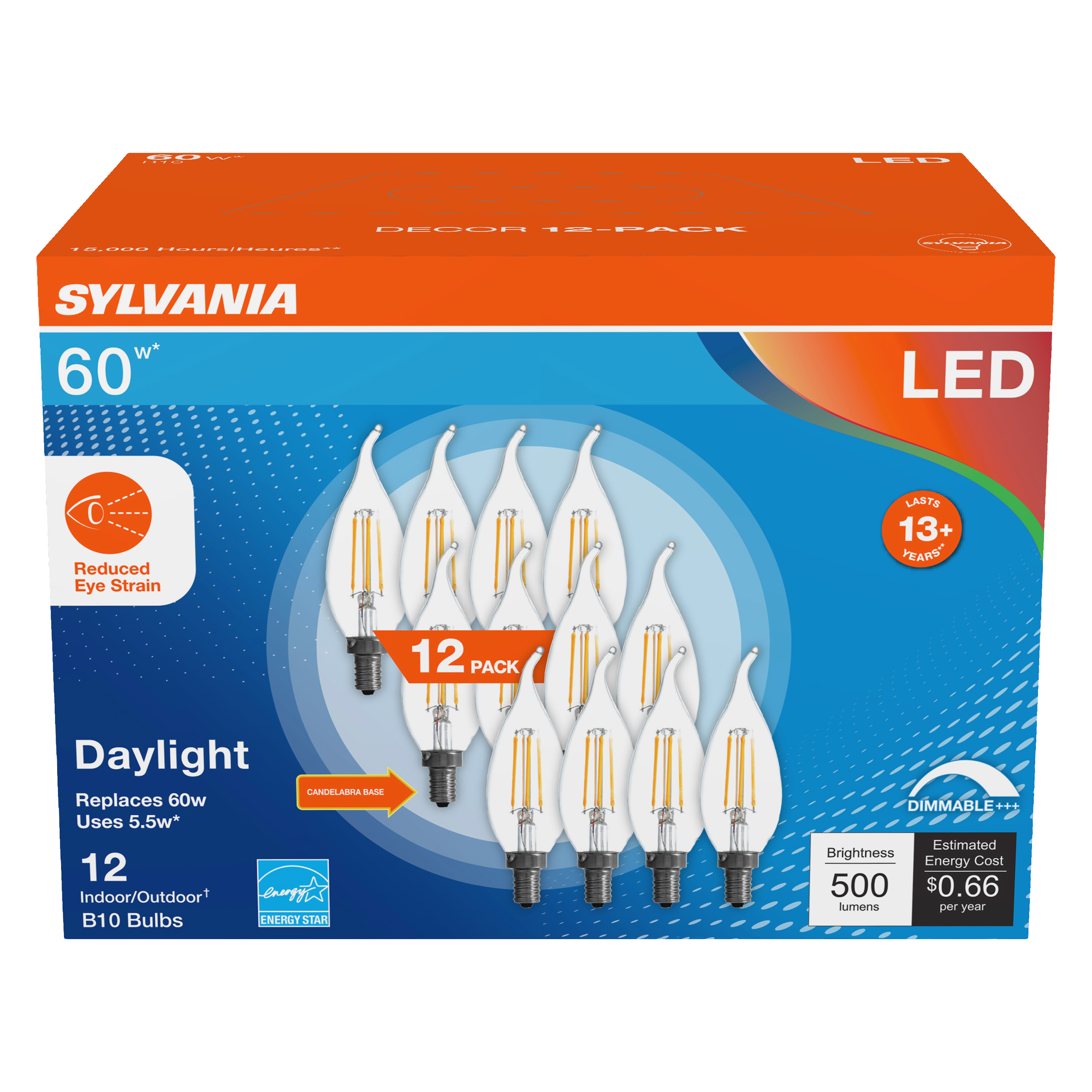 Sylvania LED Reduced Eye Strain B10 Light Bulb, 60W, Candelabra, Dim, Daylight, 12 Pack