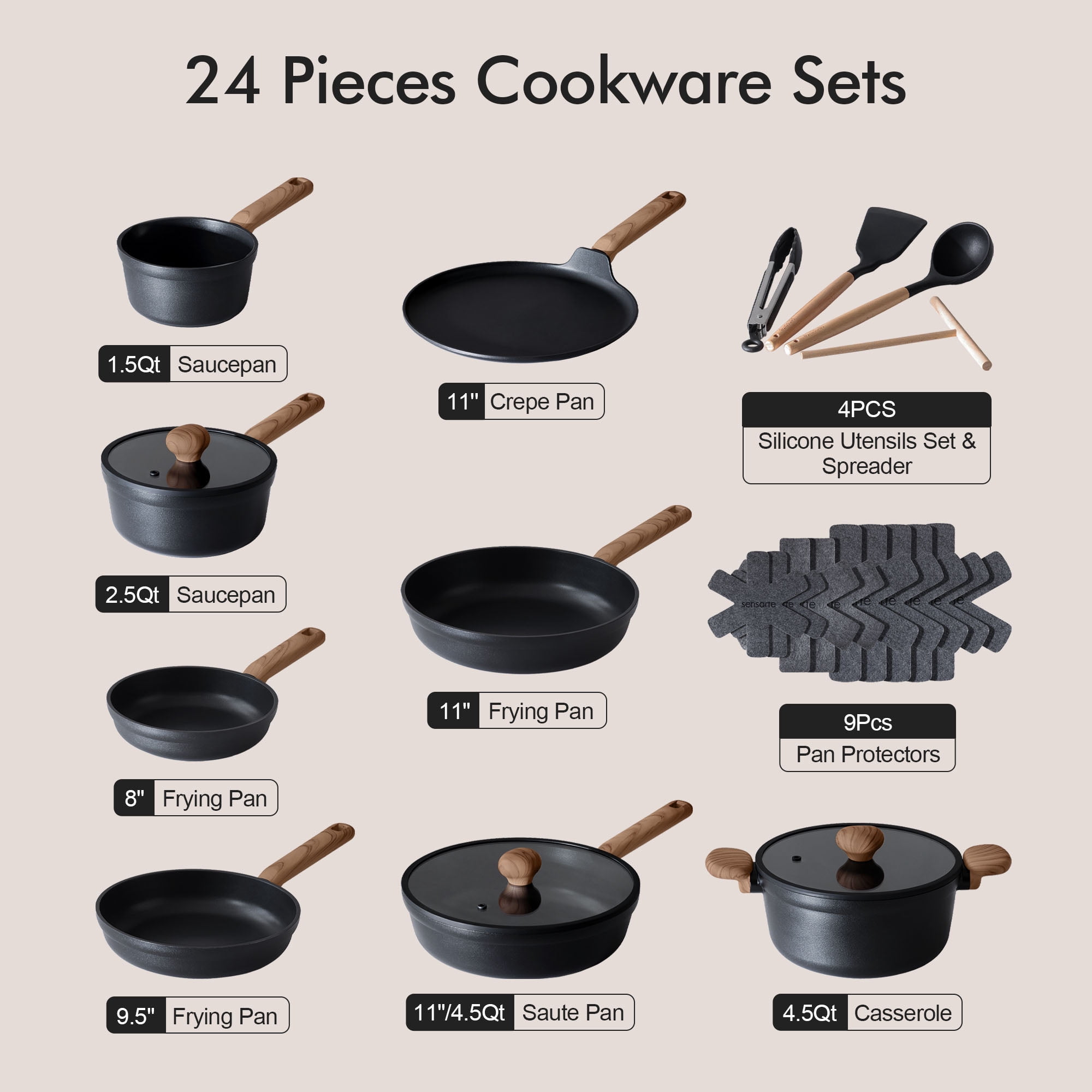 SENSARTE 24-Piece Nonstick Pots and Pans Set, Matte Black Titanium Induction Cookware Set, Healthy Kitchen Cooking Sets with Stay-Cool Handles, Dishwasher & Oven Safe, Stackable