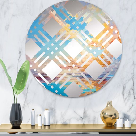 Designart "Bright Aqua Clouds Fluid Art" Clouds Plaid Round Wall Mirror - Landscapes Oval Printed Decorative Mirror - Multiple Color Options