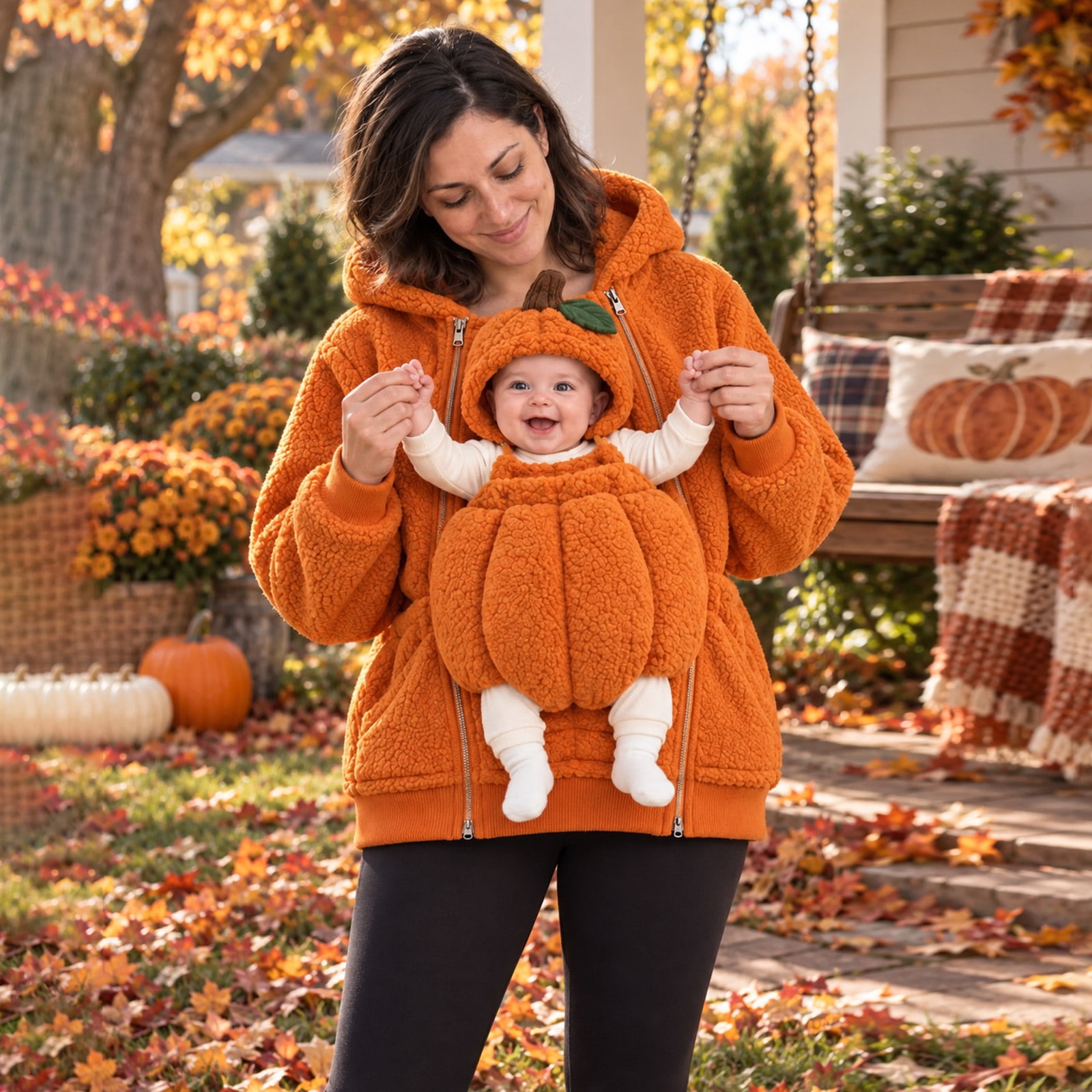 Halloween Maternity Baby Carrier Hoodie, Pregnancy Mommy Pumpkin Bat Costume Sweatshirt with Infant Onesie, Kangaroo Pocket Maternity Hoodie for Mom and Baby, Matching Outfit for Halloween Party