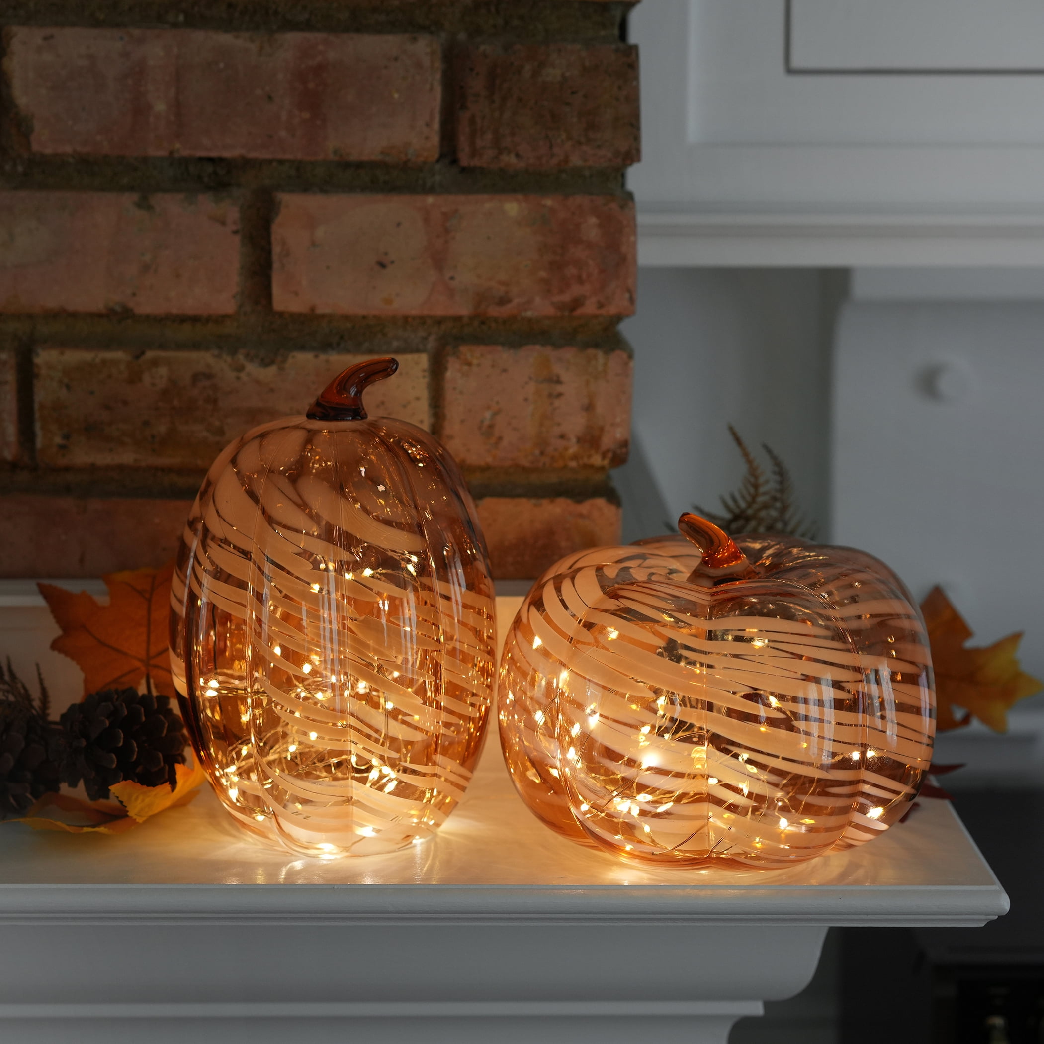 Better Homes & Gardens Fall Decorative Wide Marble Glass Pumpkin Cloche Candle Holder, Orange