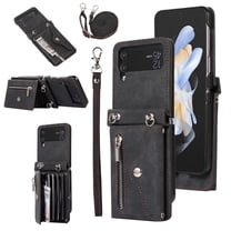 ELEHOLD Crossbody Wallet Case for Samsung Galaxy Z Flip 4 with RFID Card Slots Zipper Pocket Kickstand Function Shockproof Purse Case with Detachable Shoulder Strap for Samsung Z Flip 4,Black