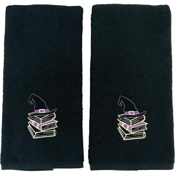 Serafina Home Decorative Halloween Hand Towels: Hocus Pocus Spell Bound Books with Witch Hat Embroidered Design on Black Plush Terry Cotton, Set of 2